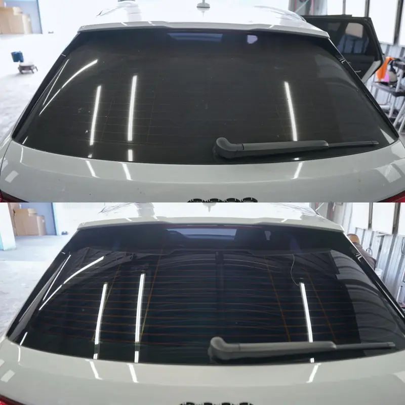 Before and after window tint on the rear glass of an Audi RS6 Avant, Irvine shop